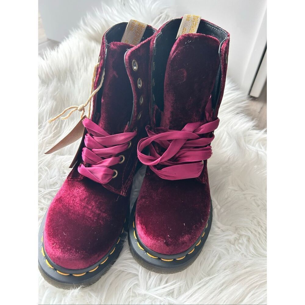 Dr. Martens Women’s Vegan 1460 Pascal Velvet Boots – 8-Eye Lace-Up Combat Boot s